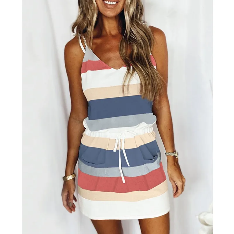 

Striped Dress Short Waist Summer Belt Drawstring V-neck Color Matching Breathable Fashion Suspenders Hot Sexy Women's Clothing