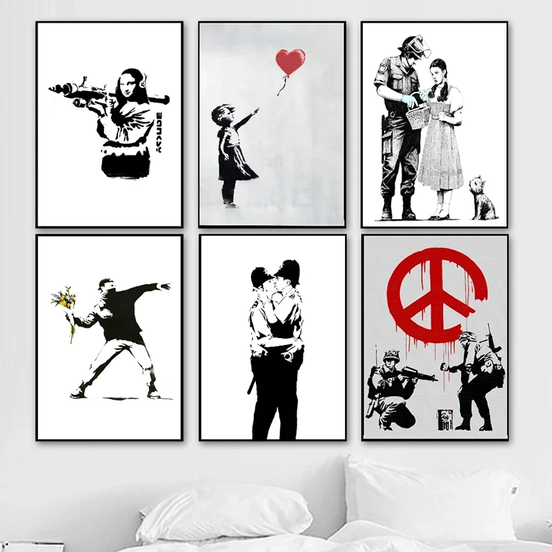 

Banksy Graffiti Art Canvas Painting Kiss Peace Poster and Print Quadros Wall Art Picture for Living Room Home Decoration Cuadros