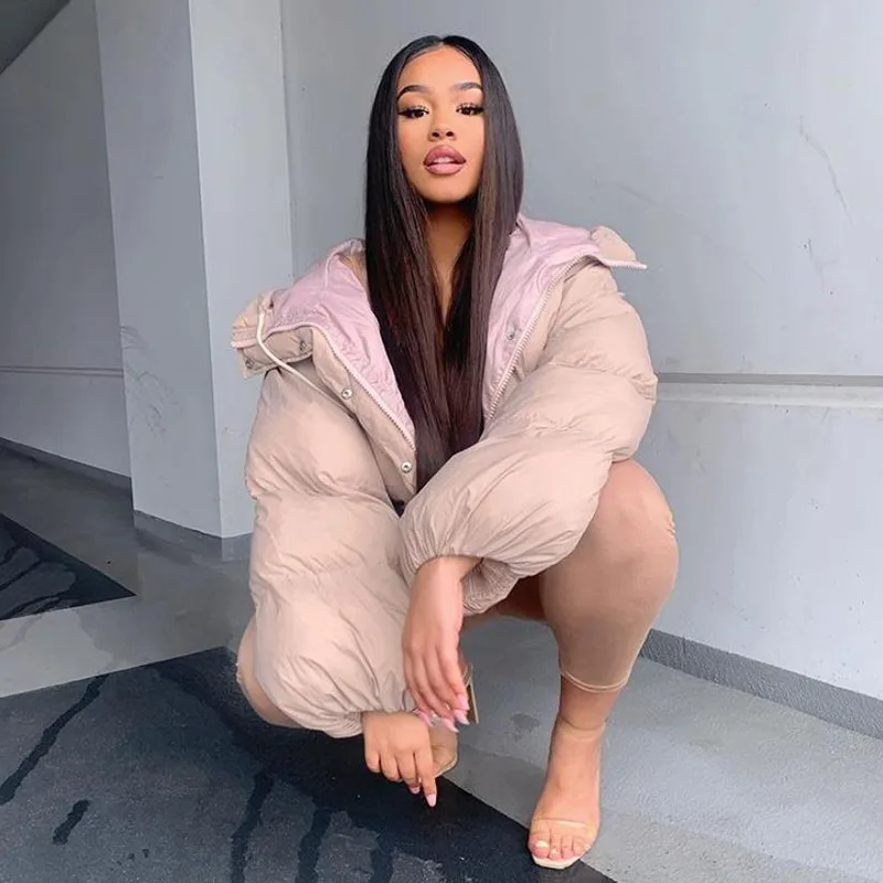Chic Warm Solid Windbreak Hooded Jacket Coats Women Winter Loose Casual Streetwear Outerwear 2021 Baggy Cotton-Padded Clothes