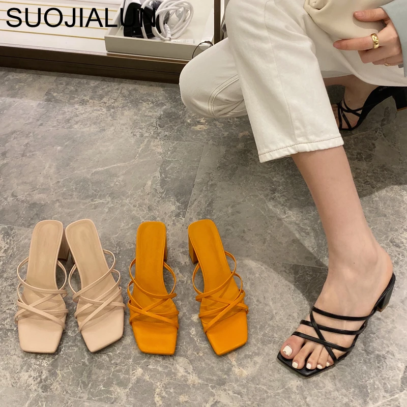 SUOJIALUN/модные женские шлепанцы с узкими лентами Элегантные босоножки на высоком