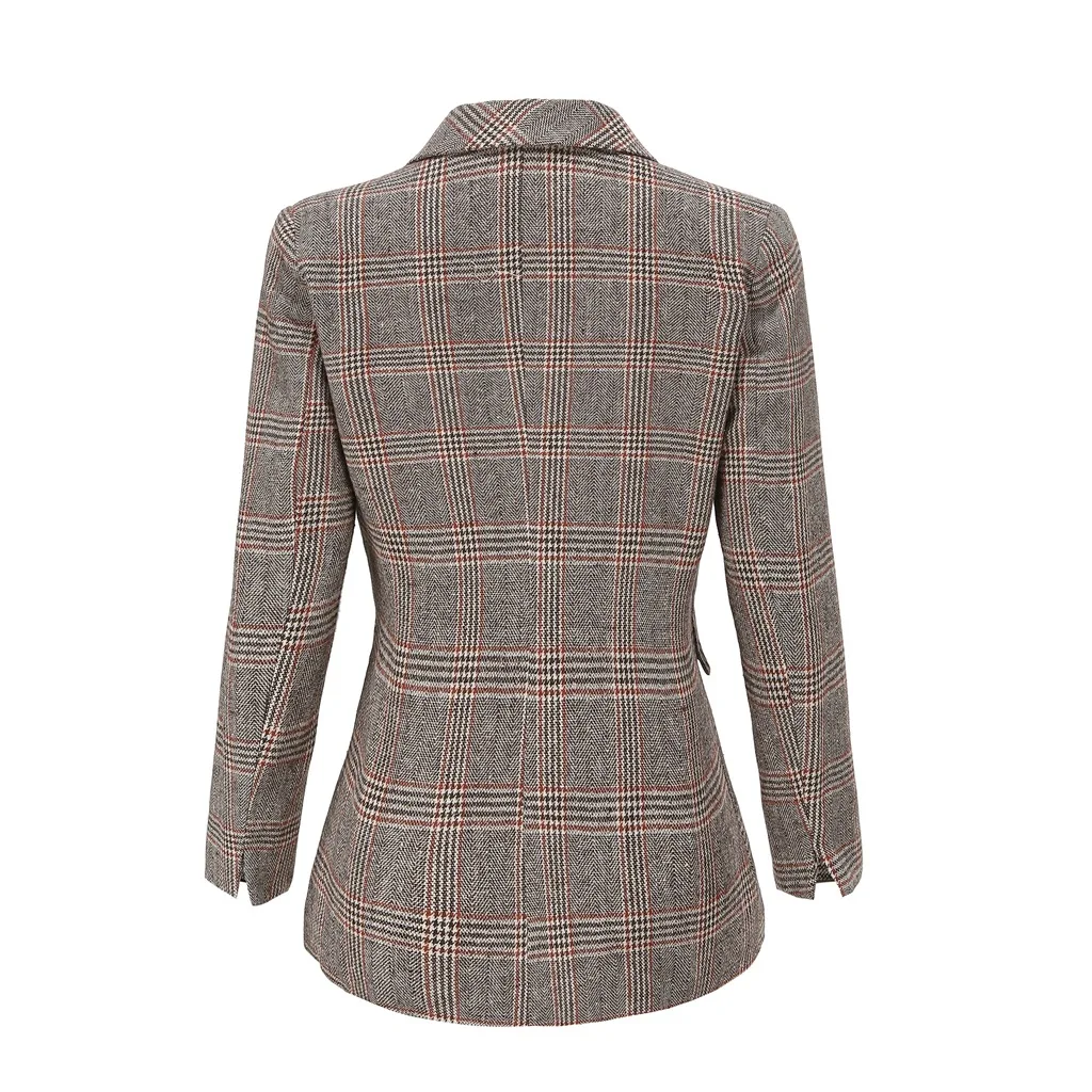 

2021 Spring Autumn Vintage Houndstooth Women Blazer Single Breasted Plaid Female Suit Jacket Long Sleeve Pockets Blaser Femme