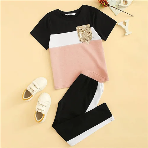 Multicolor SHEIN Kiddie/укороченный топ с тропическим принтом и байкерские шорты для маленьких девочек, г., летняя одежда без рукавов для активного отдыха обтягивающие комплекты - Цвет: Multicolor