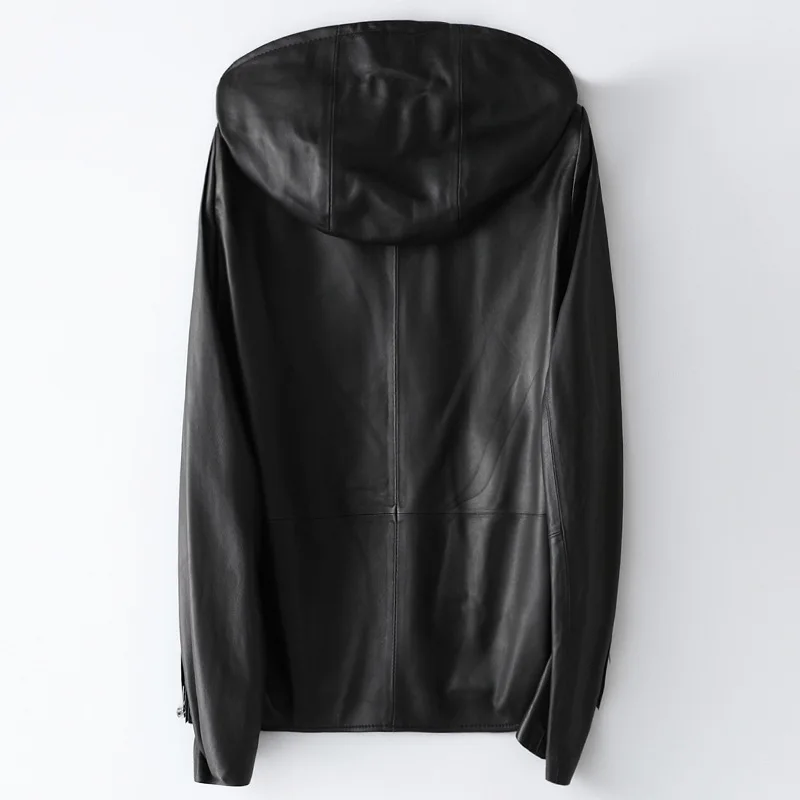 Simple Loose 3xl Spring Black Sheepskin Long Sleeve OL Zipper Hoodie  Jacket Casual Women Genuine Leather Coat