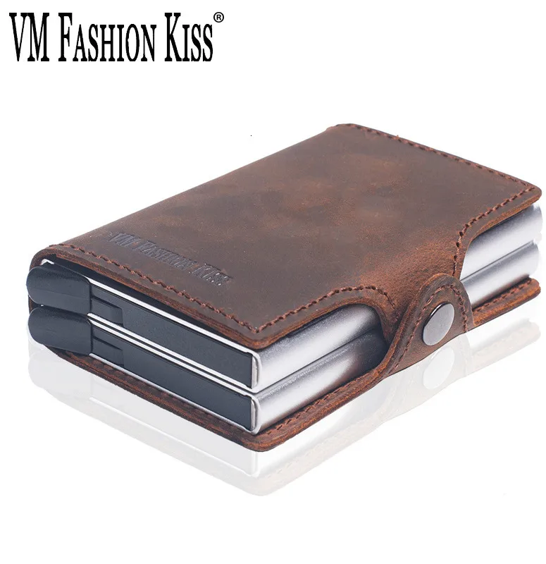 VM FASHION KISS RFID Genuine Leather Minimalist Wallet DIY Metal Aluminum Safe Purse Credit Id Business Card Holder Cardholder