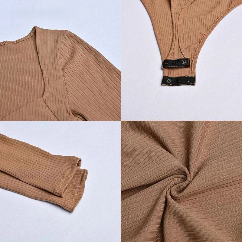 

Rib Knitted Long Sleeve Bodysuit Women Tops Sexy V Neck Slim Rompers Womens Jumpsuit Autumn Winter Casual Basic Body