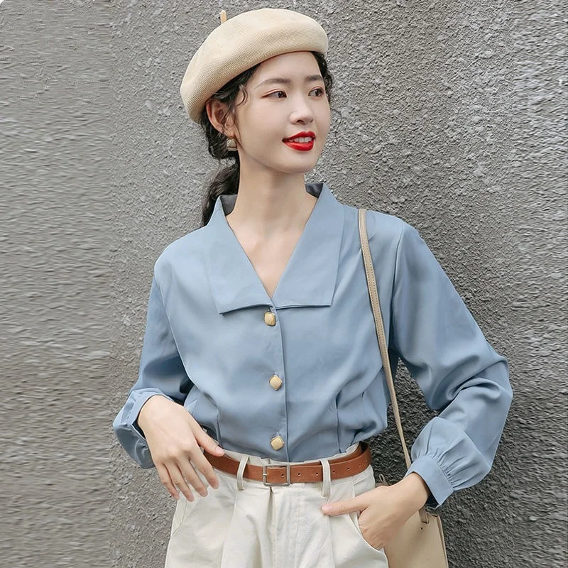 

Elegant Blouse Women Fashion Spring 2021 Shirts for Women Korean Style Puff Sleeve Top Loose Casual Solid Shirts