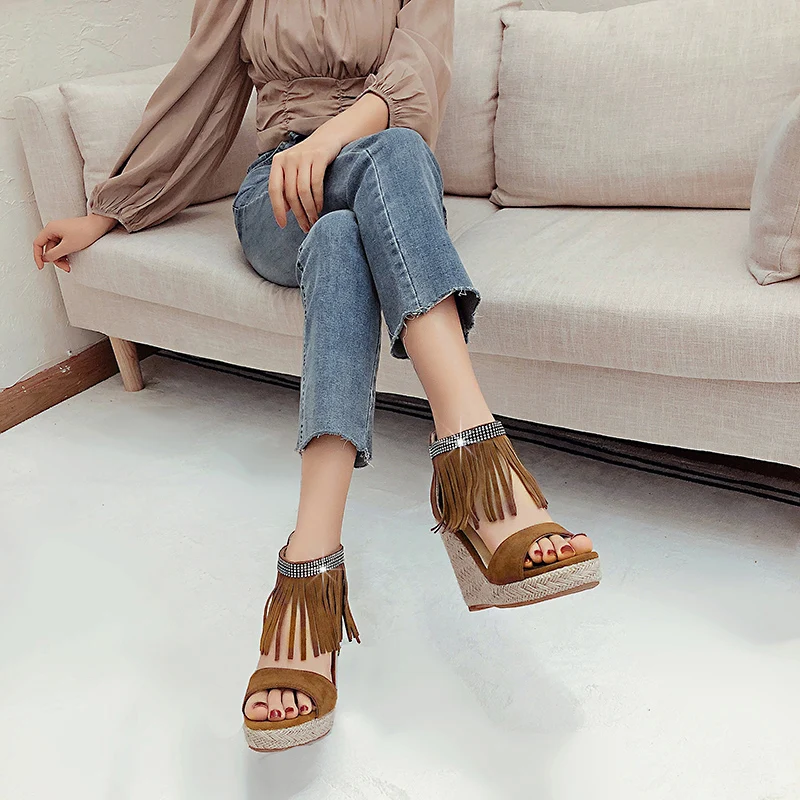 

EGONERY summer New Style Women Leisure Slope Heel Sandals fringe decoration office lady Concise Comfortable lovely sweet