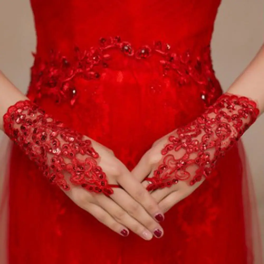 

Trendy White Black Red Color Bride Party Gloves Fingerless Sexy Lace Short Bow Gloves for Women party