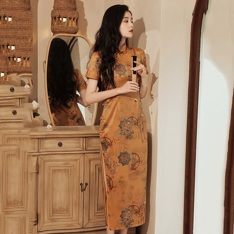 

Mid Length Sexy Qipao Women Split Print Floral Mandarin Collar Chinese Dress Plus Size Bridal Wedding Cheongsams Satin Vestidos