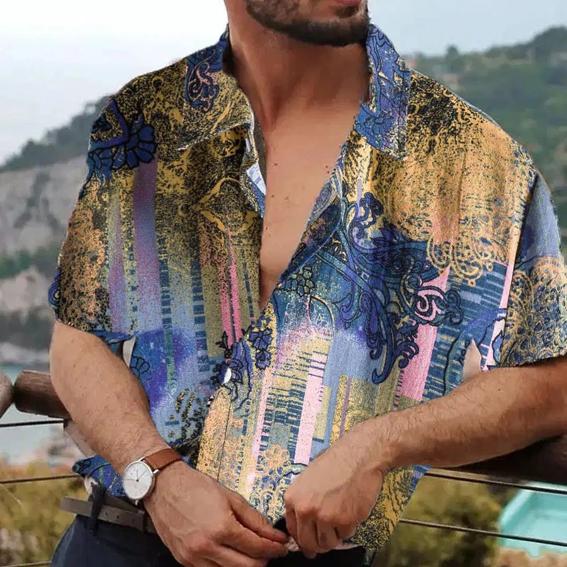 

Vintage Pattern Printing Mens Casual Beach Shirts 2021 Summer Short Sleeve Loose Tops Fashion Lapel Button Shirt Men Streetwear