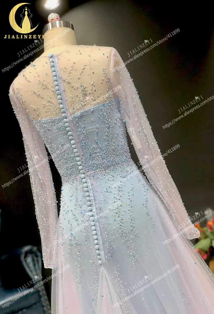 

Rhine Real Sky Blue Long Sleeves Pearls Fashion robe longue vestidos de fiesta Evening Dress Long