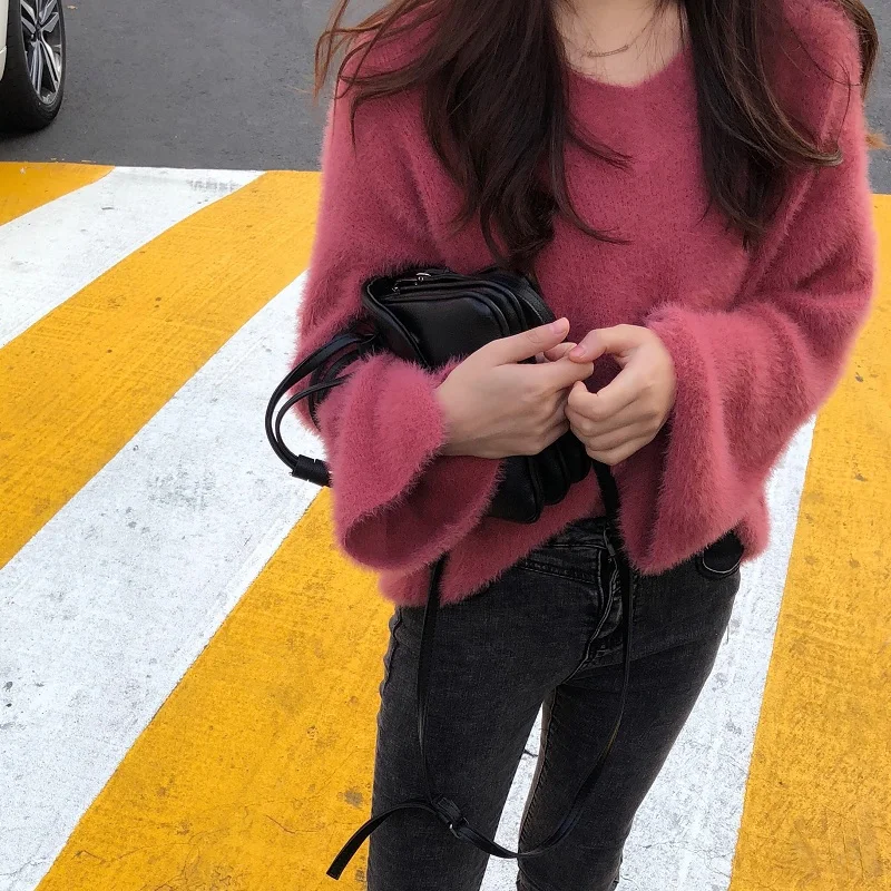 Осень корейский ins Harajuku сладкий винтажный сплошной цвет вязаный свитер женский модный Свободный v-образный вырез с длинными рукавами женский свитер