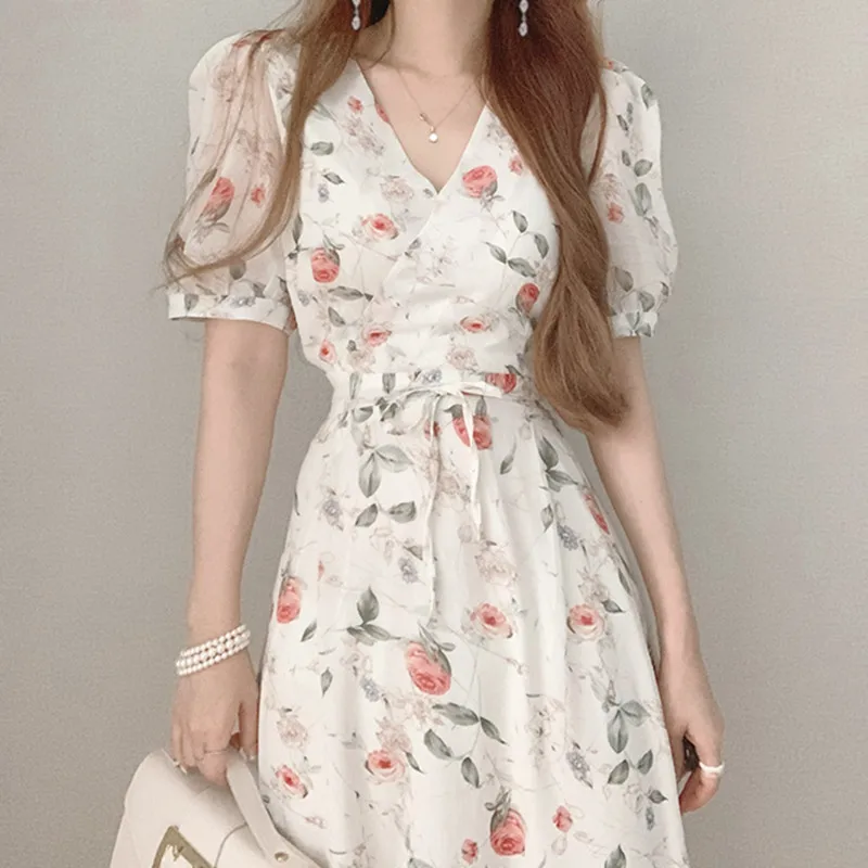 

Hzirip Sweet Gentle Korean V-Neck Puff Sleeves High Waist Slimming Floral Chiffon Ladies 2021 Hot Summer New Chic Fashion Dress