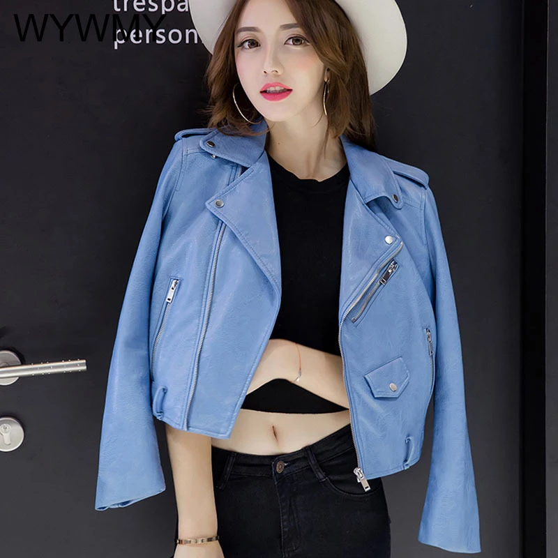 WYWMY Fashion Pu Leather Jacket Women Bright Color Black Motorcycle Coats Short Faux Leather Biker Jackets Soft Coat For Women