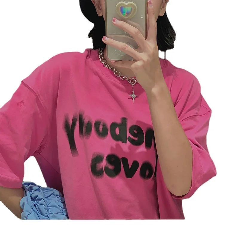 

100% Cotton Creative Printing Pink Short-sleeved T-shirt Casual Loose Printed Round Neck Top Short-sleeved Oversized T-shirt XXL