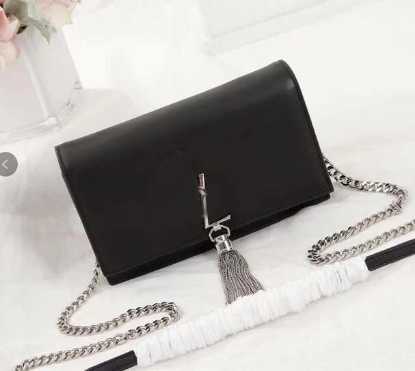 

New Fashion Black Leather Chains Tassel Woman Bags Silver Hardware Handbags Shoulder Bag
