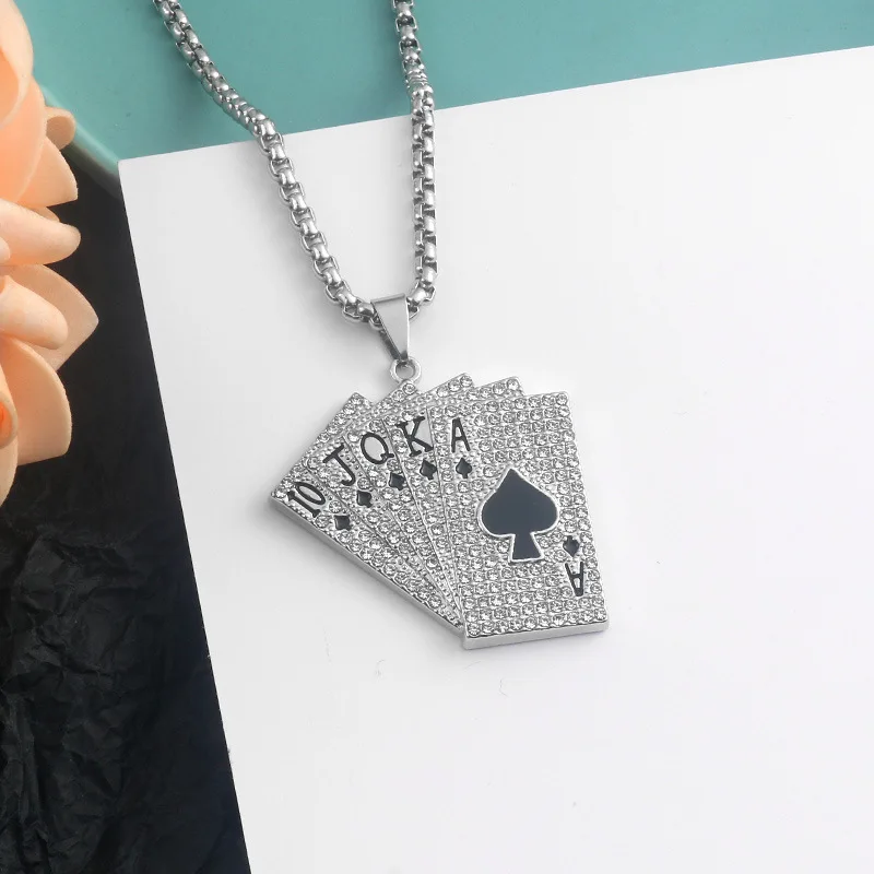 

2021 New Men's Playing Card Straight Flush Pendant Necklace Hip Hop Jewelry Lady with Stainless Steel Chain
