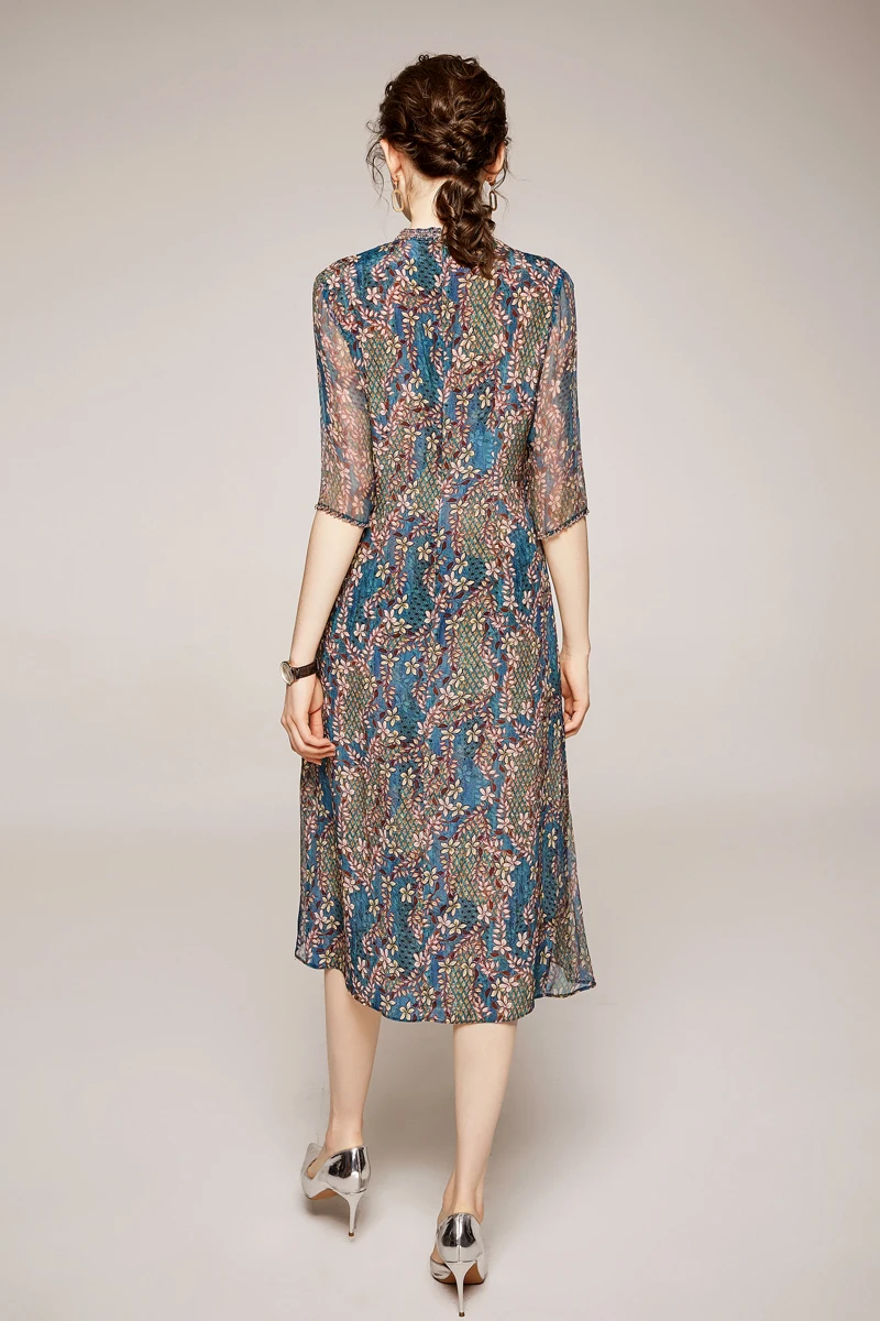 Женские модельные платья из 100% шелка модные летние с круглым вырезом и рукавом 3/4