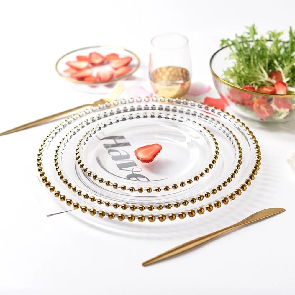 

Nordic Gold Bead Glass Charger Dinner Plated Dish Decorative Salad Fruit Wedding Plate Dinner