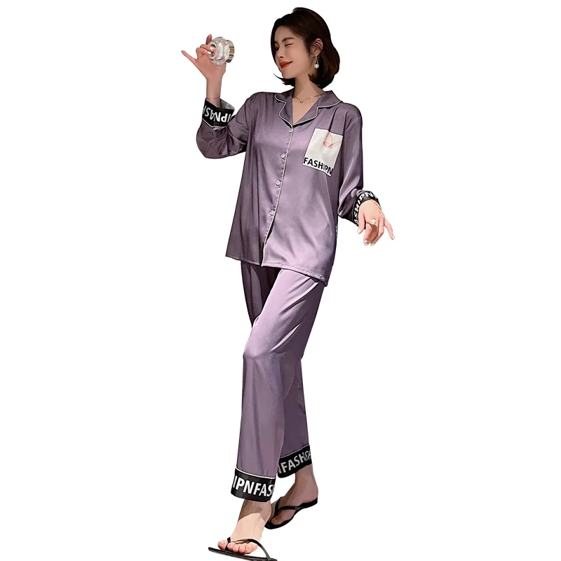 

Spring Autumn Faux Silk 2PCS Pajamas Set Women Casual Home Wear Full Sleeve Shirt&Pant Sleepwear Cute Butterfly Print Nightwear