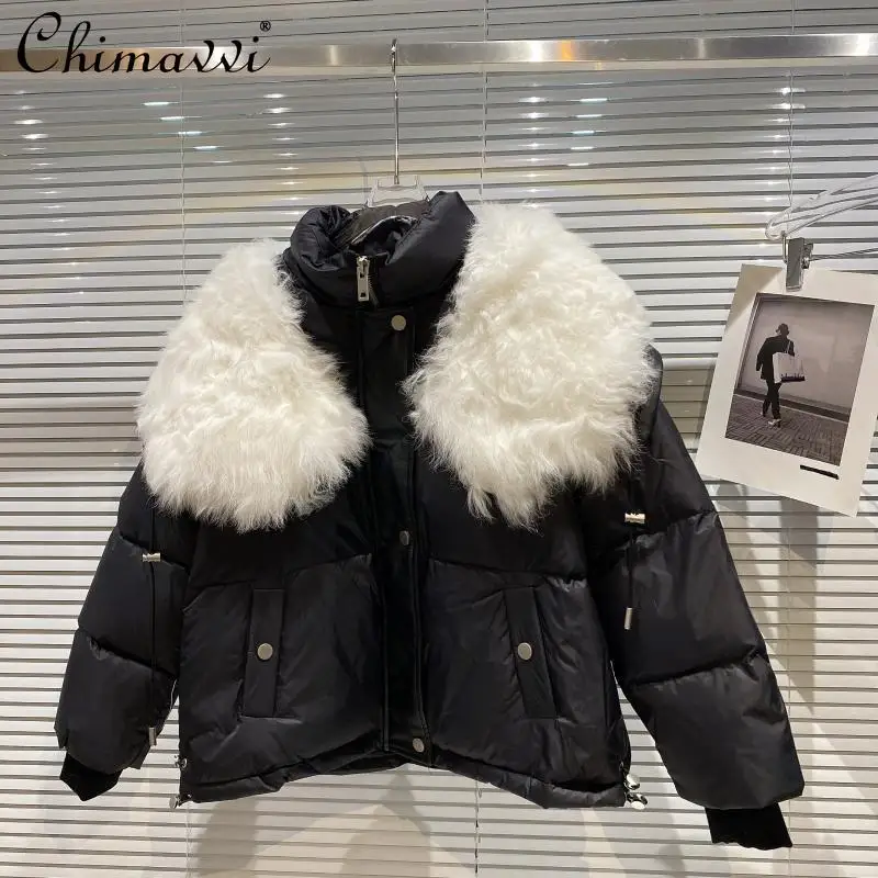 

2021 Winter Clothes Fashion Lamb Fur Collar Drawstring Warm Loose Down Jacket Jacket Long-Sleeved Simple Black Coat for Women