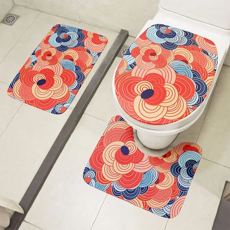 new style toilet cover set 3 piece bathroom non slip mat set shower decoration rug ukiyo e waves carpet flannel toilet cushion free global shipping