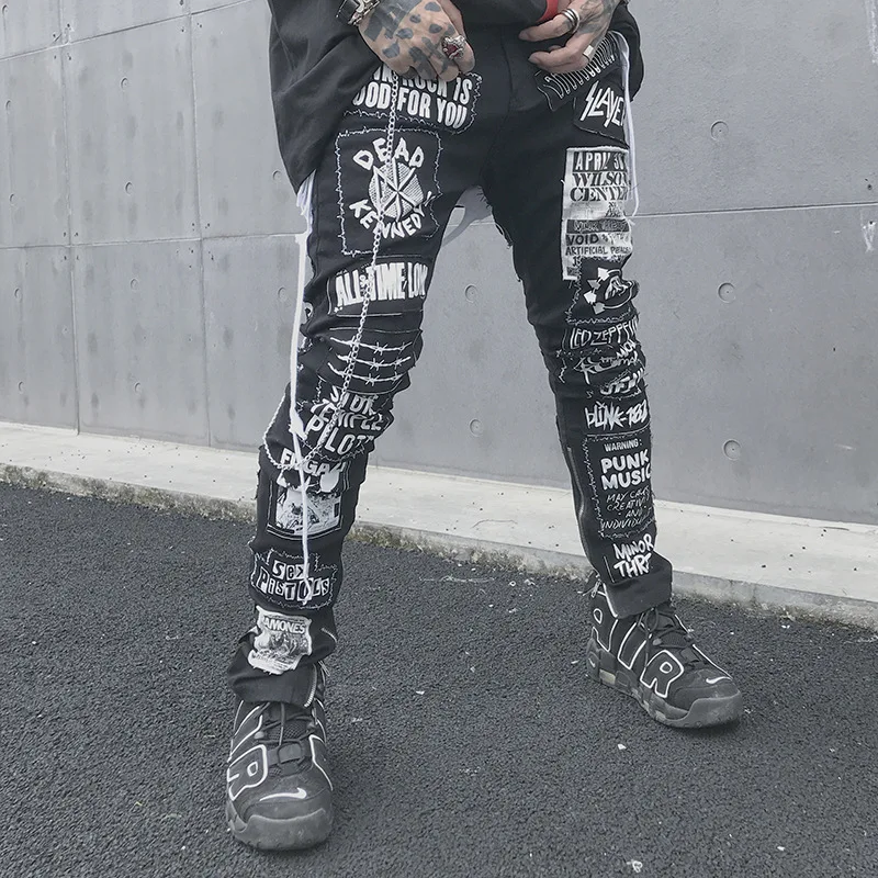 Men's Holes Skinny Jeans Pants Streetwear Letter 2019 Ripped Slim fit Biker Denim Hip Hop Men Destroy Pant MG270 | Мужская одежда