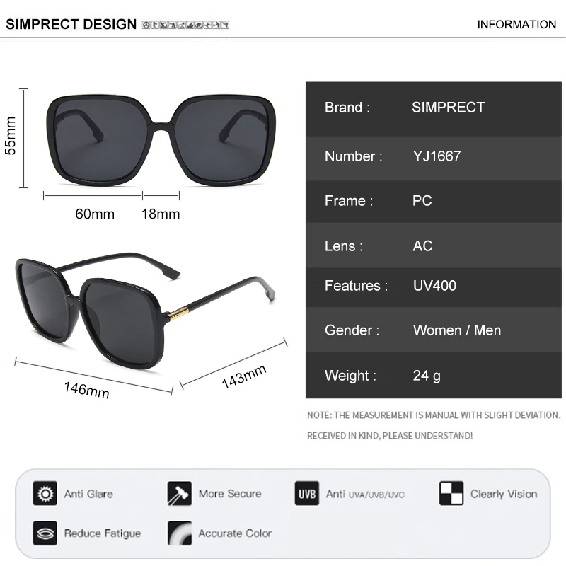 

SIMPRECT Oversized Sunglasses Women 2021 Luxury Brand Designer Vintage Big Square Sun Glasses Fashion Retro Shades For Women