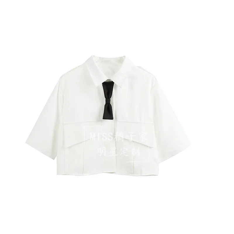 

Celebrity White Short Shirt Loose Short-Sleeved Necktie Design Sense Small Big Pocket 2020 Summer Women's New Style