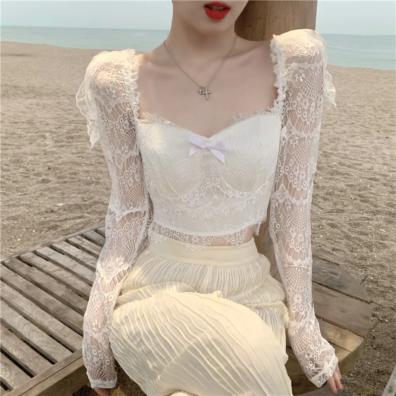 

Женская блузка с длинным рукавом и бантом, с квадратным вырезом