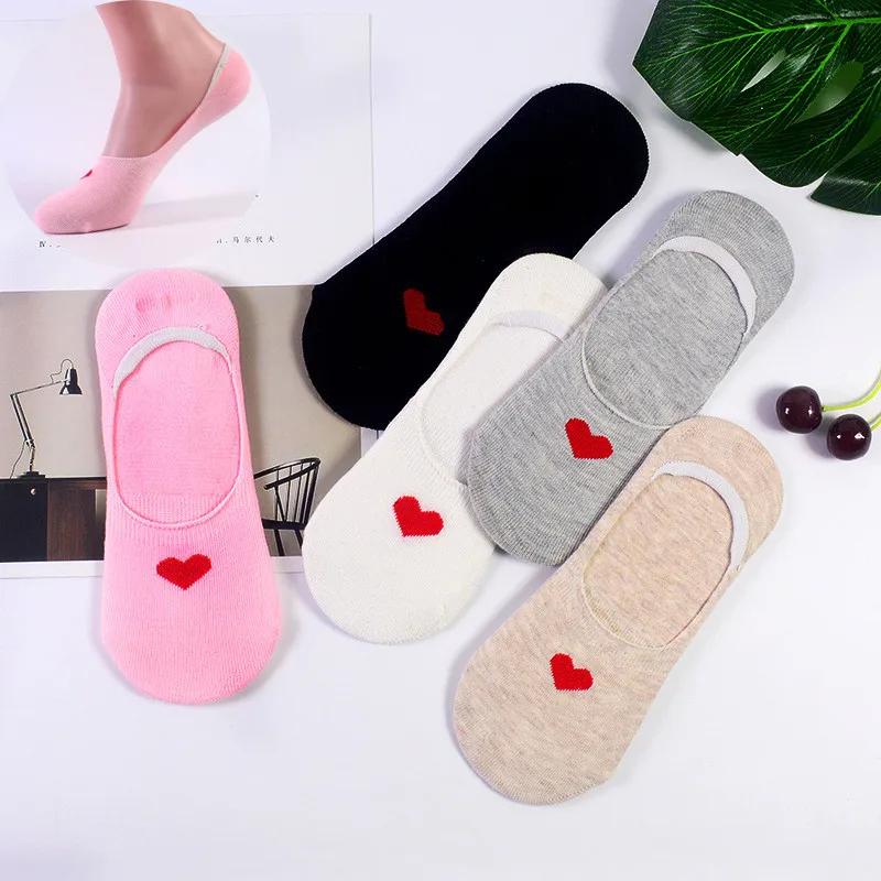 

5 Colors Non Slip Women Cotton Socks Love Heart Printing Ankle Socks Breathable Summer Casual Short Socks
