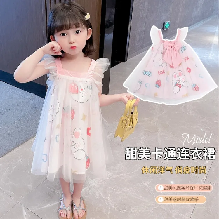 

New Baby Kids Bow Dresses Girls Sleeveles Dress Party Fairy Summer Puffy Dress Cartoon Children Mesh Patchwork Cute Clothing
