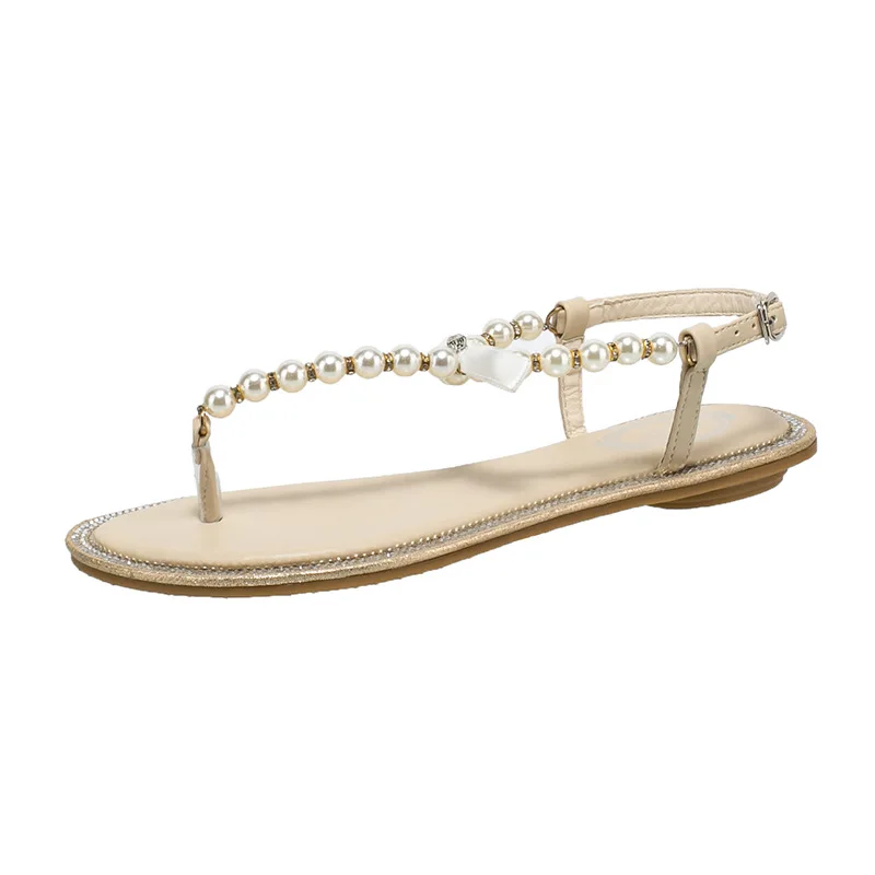 

Finger Sandals Women's New Rhinestone Pearl Temperament Fairy Wind Simple Flat Shoes