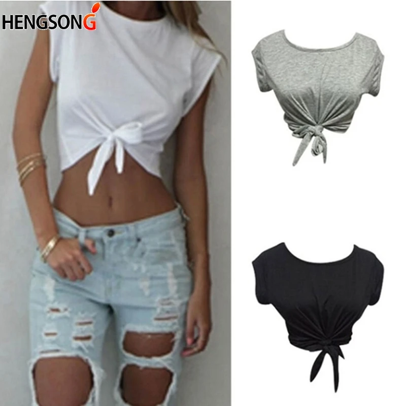

Women Knotted Tie Front Crop Tops Cropped T Shirt Casual Tanks Camis White Grey Color