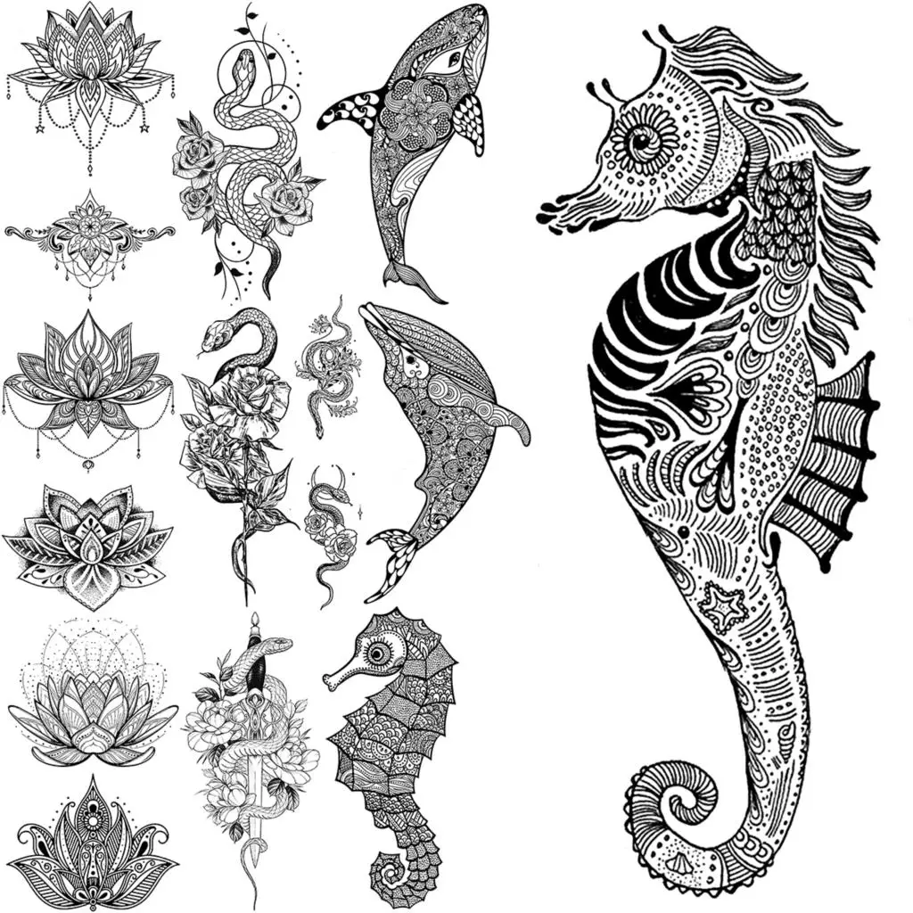 

Черная морская лошадь, временные татуировки для женщин, реалистичный Лотос, змея, Кит, искусственные бриллианты, татуировки для ног, искусст...