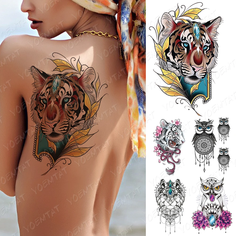 

Waterproof Temporary Tattoo Sticker Jewel Diamond Tiger Flash Tattoos Owl Lace Dream Catcher Body Art Arm Fake Tatoo Women Men