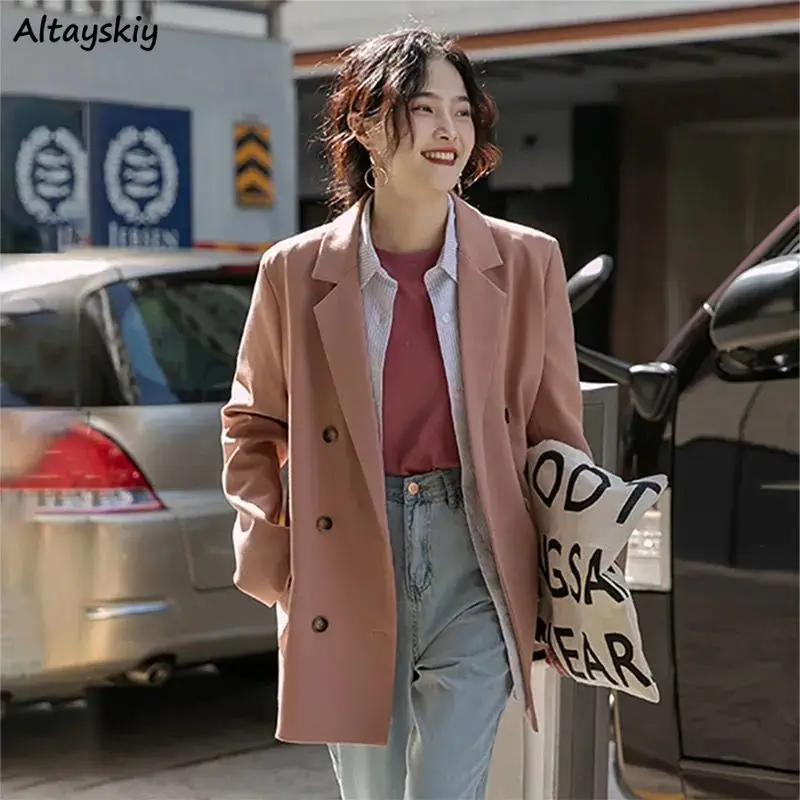

Blazers Women Pink Notched Young Style Shoulder-pads Streerwear Korean Style Ulzzang Modern Fashion Double Breasted Chic Mujer