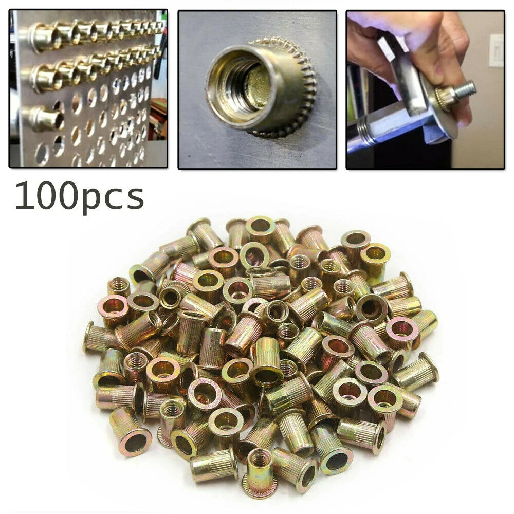 

Mayitr 100pcs/set Car Auto M6 Metric Carbon Steel Rivet Nut Flat Head Threaded Insert Nutsert Tool Parts