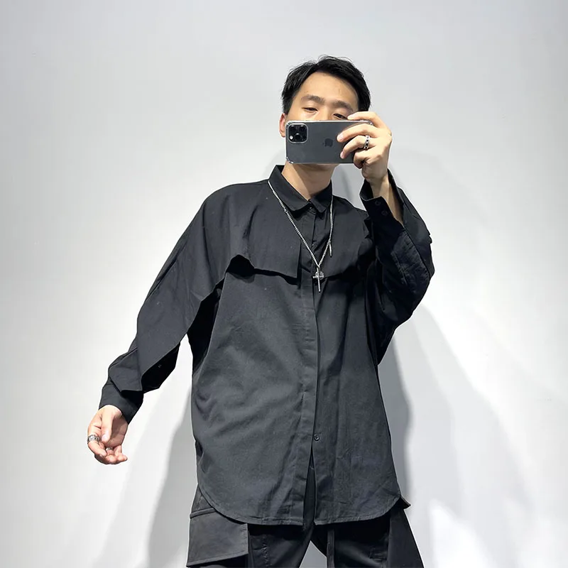 Men's Long Sleeve Shirt Spring And Autumn New Dark Personality Stitching Fashion Korean Pop Fan Hip-Hop Large Size Shirt