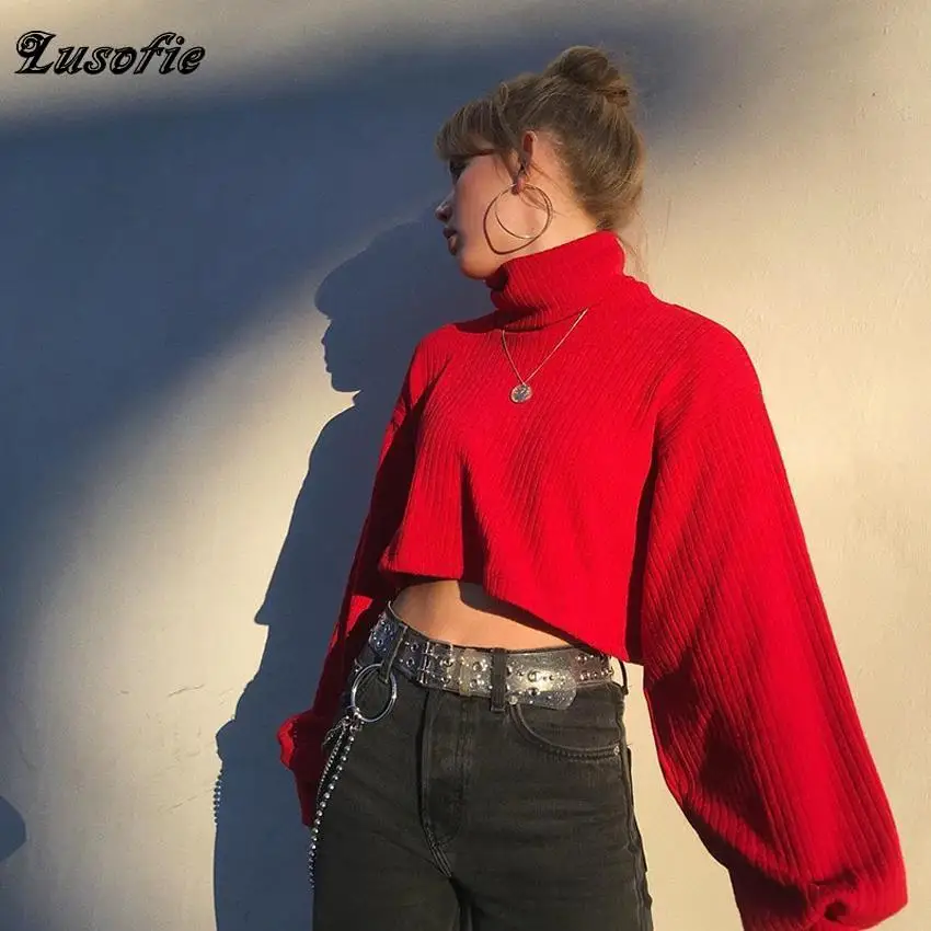 Lusofie осенний Новый красный свитер с длинным рукавом и высоким воротником