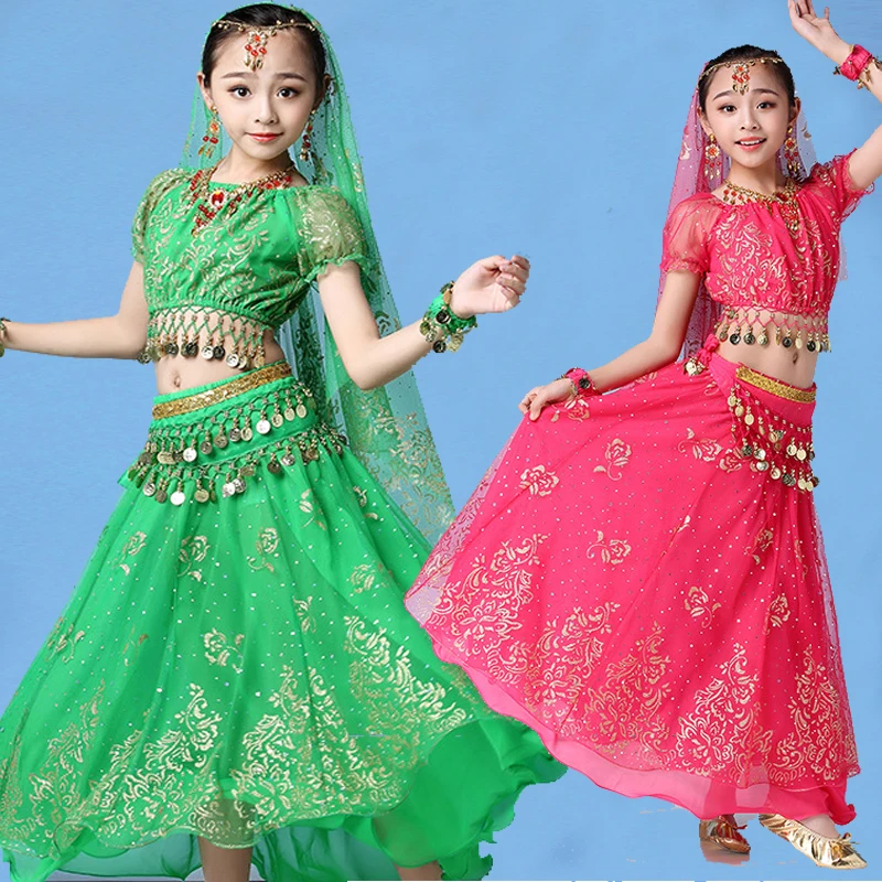 New Style Kids Belly Dancing Indian Dance Costume Set Sari Bollywood Children Outfit Chiffon Performance Clothes | Тематическая