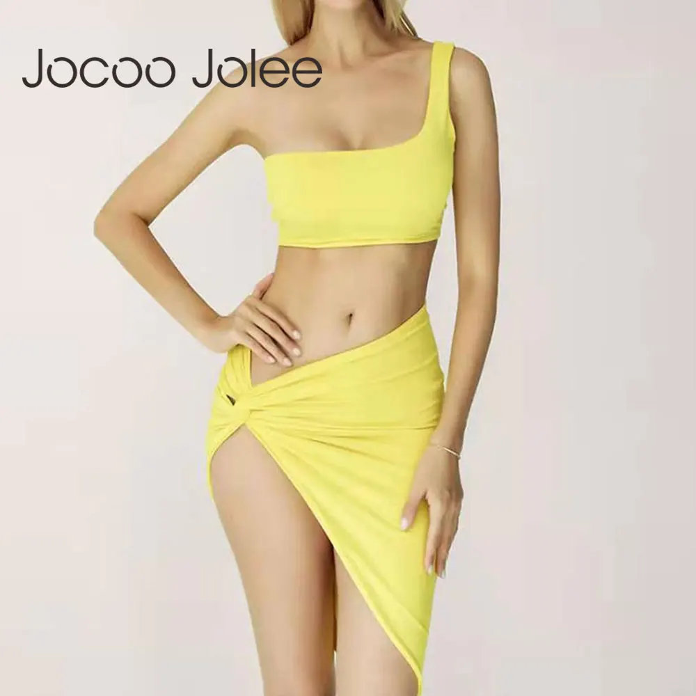

Jocoo Jolee women summer sexy solid one-shoulder irregular pleated party club tank top and mini skirts two-piece set