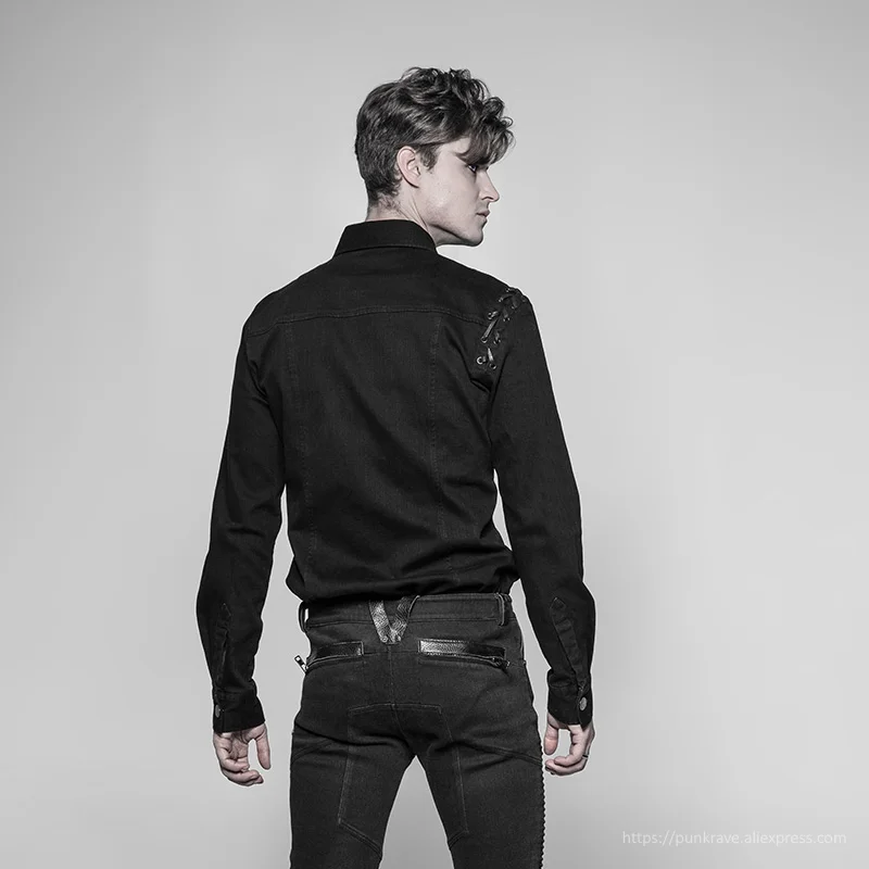 Мужская рубашка с длинным рукавом черная в стиле панк | одежда