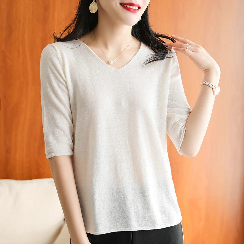 

Spring and summer V-neck pullover five-point sleeve sweater thin section solid color casual fashion ladies knitted wool Sweater