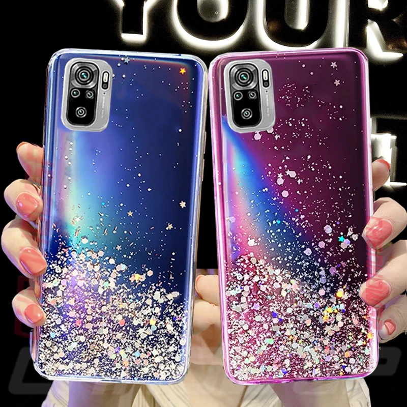 Чехол для Xiaomi Redmi Note 10 9T 9S 9 Pro – роскошный блестящий чехол из мягкого TPU с блестками на задней стороне для 9A 9AT 9C NFC.