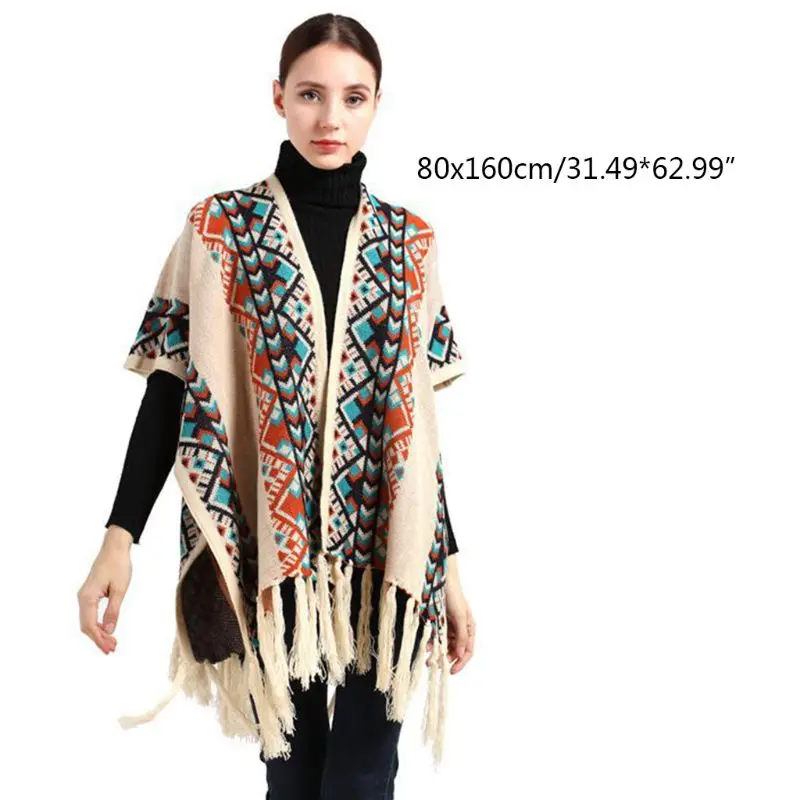 

Ethnic Style Oversized Poncho Blanket Geometric Stripes Contrast Color Cardigan Sweater Womens Winter Tassels Shawl Wrap Scarf