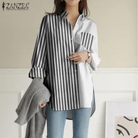 zanzea korean patchwork tops office lady spring lapel blusa casual long sleeves shirts womens 2021 cotton linen blouse oversized