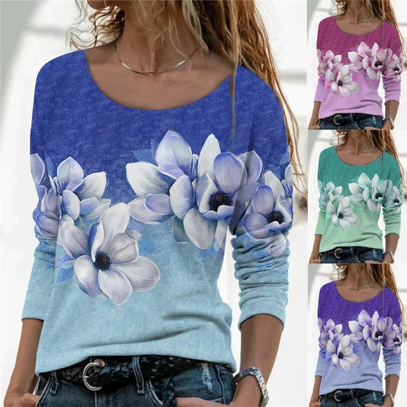 

Vintage Women Flower Print T-shirt Spring Autumn New Fashion O-neck Long Sleeve Tees Office Lady Casual Loose Pullover Tops