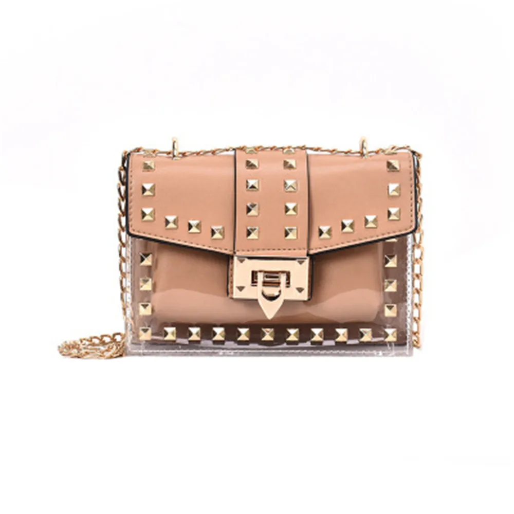 Телесный Small Clear Cosmetic Bags Female PU Make Up Bags Women Fashion Rivets Transparent Cosmetic Shoulder Bag Travel Organizer - Цвет: Телесный