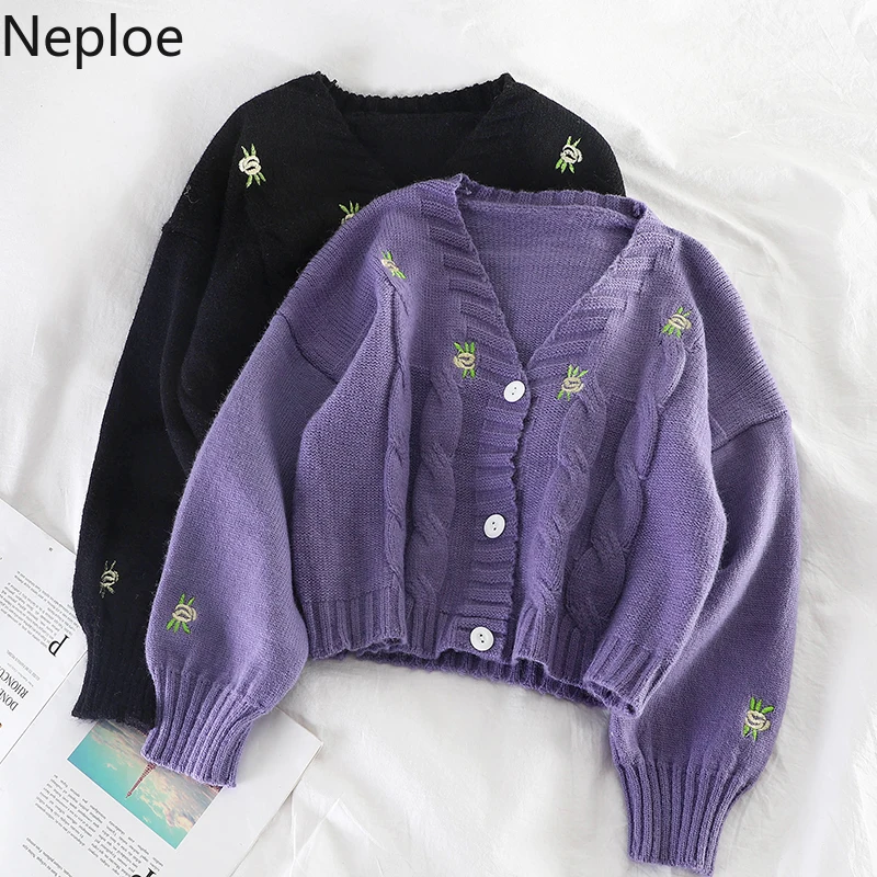 Женский вязаный кардиган Neploe корейский короткий свитер с v образным вырезом и